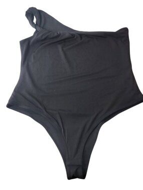 HM One Shoulder Bodysuit Black Twisted Strap Thong Snap Closure Large